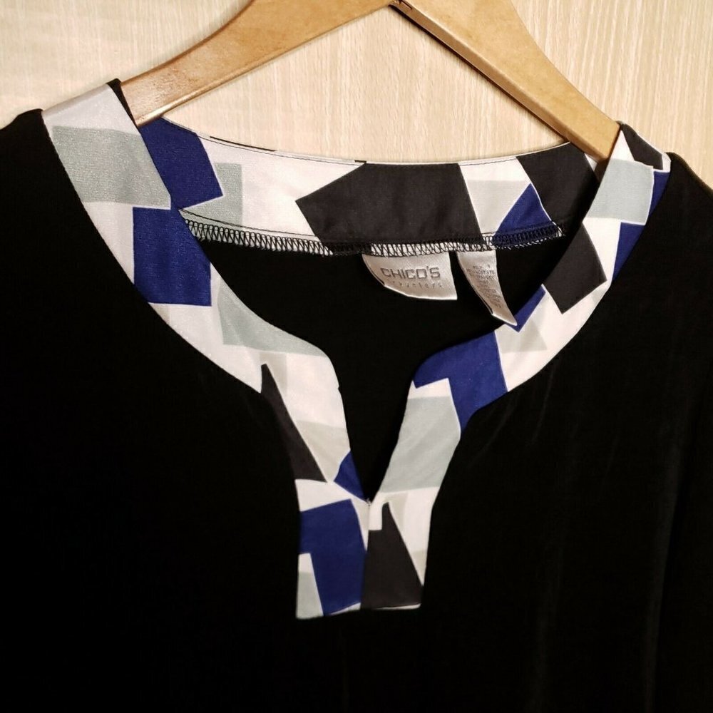 Chico's Travelers Womens Black Stretchy Top Geometric Neckline Large - Picture 3 of 6